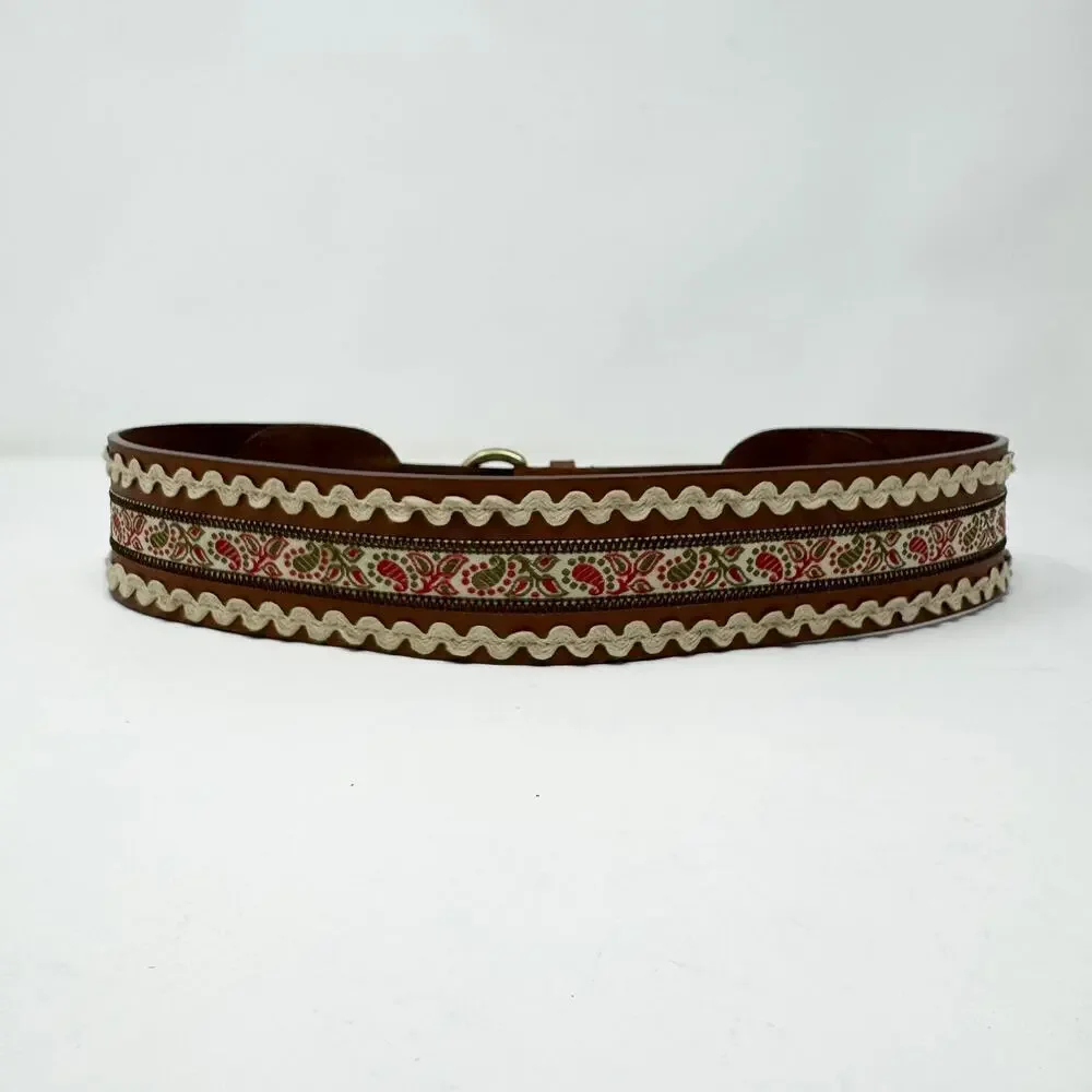Brown Leather Folk Belt Paisley Fabric Rickrack Festival Ren Faire Peasant Sz M - Picture 4 of 12